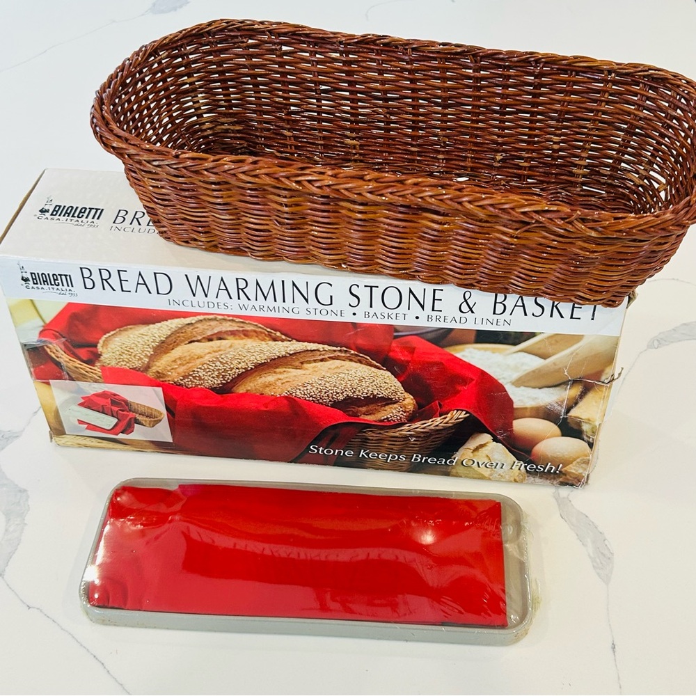 Bialetti 3pc Bread Warming Set Stone Wicker Basket BNIB Factory Sealed Stone